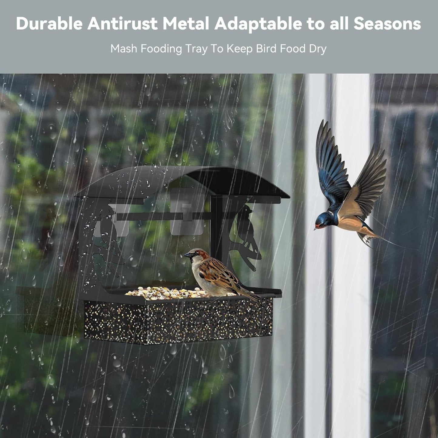 Window Bird Feeder with Heavy-Duty Adhesive Hooks for Outside,All-Season Metal Winter Bird Seed Feeder for Ultimate Window Viewing, 2-Pack (Black)