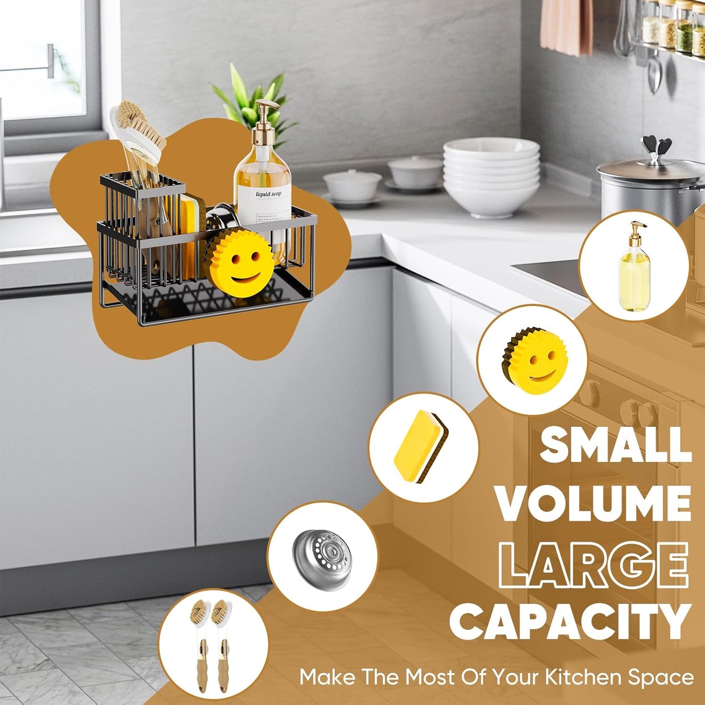 Sponge Holder for Kitchen Sink,Smiley Face Sink Caddy with Removable B