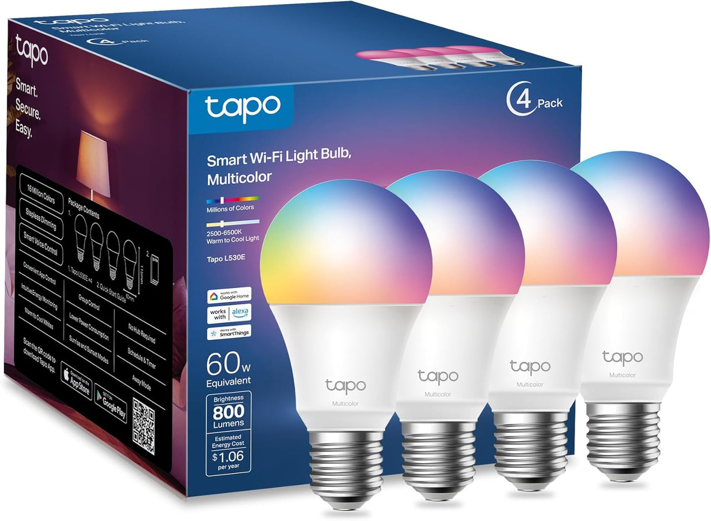 TP-Link Tapo Smart Light Bulbs, 16M Colors RGBW, Dimmable, Compatible 