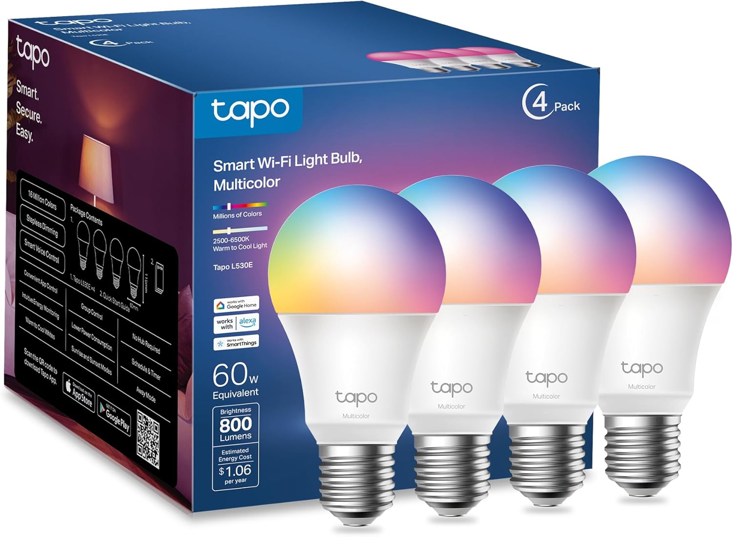 TP-Link Tapo Smart Light Bulbs, 16M Colors RGBW, Dimmable, Compatible 
