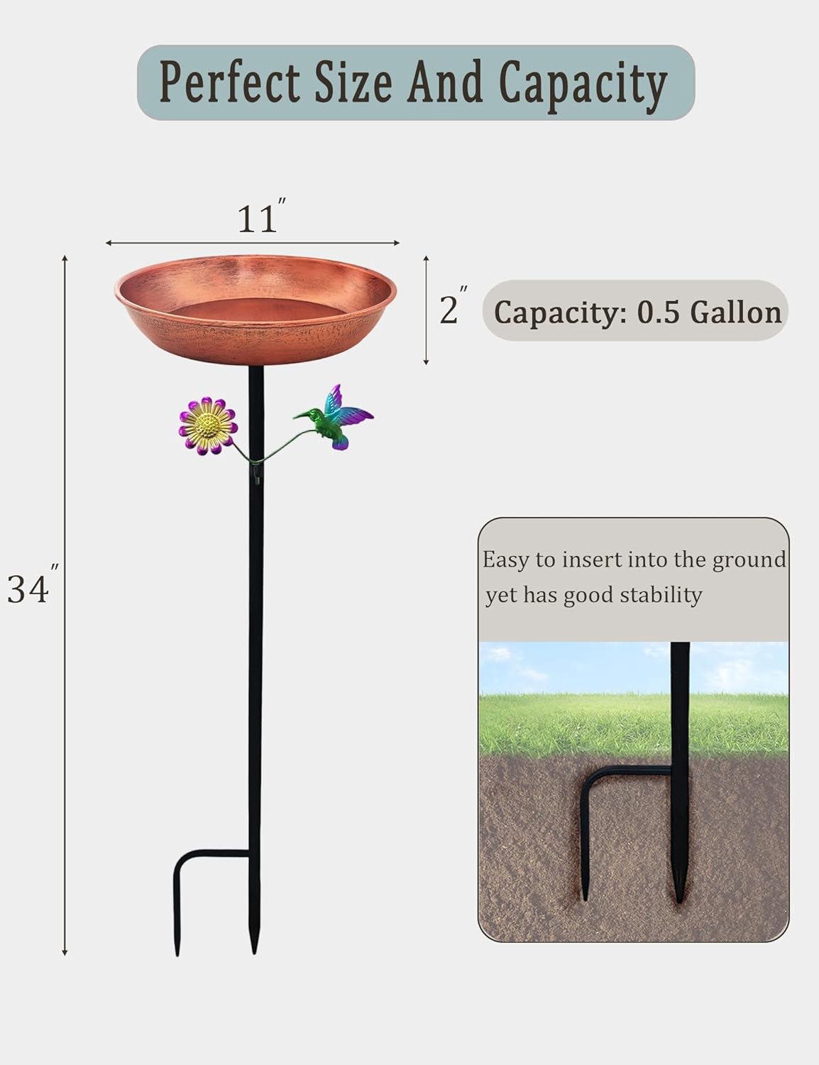 Freestanding Outdoor Bird Bath | Antique Copper 11” Metal Birdbath Bowl & Feeder with Stake for Garden Decor Yard Art (0.5 Gallon)