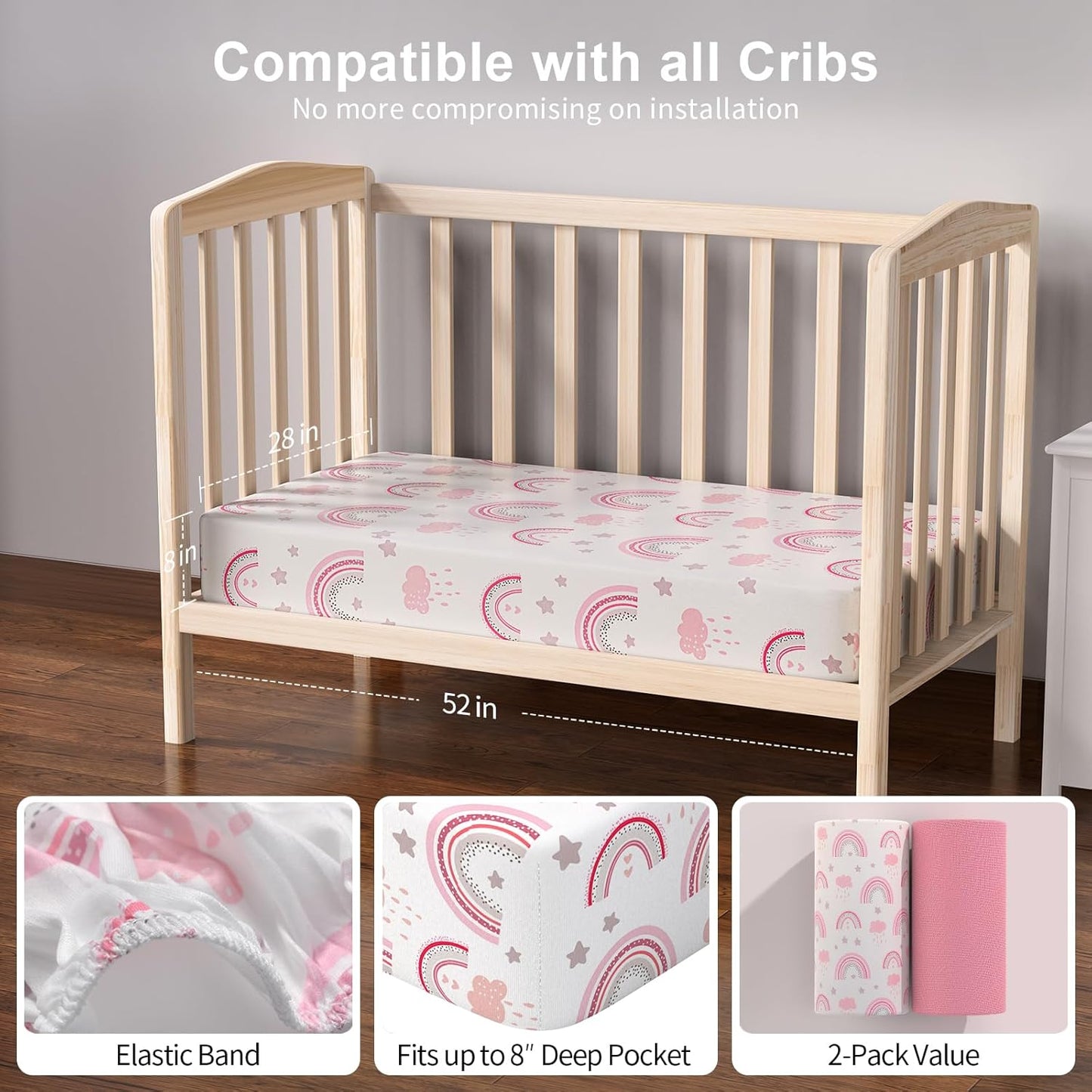 Baby Crib Sheets 2 Pack for Boys and Girls Fit for Standard Crib Toddler Mattress Breathable Soft Microfiber Baby Sheet 28x52x8in (Pink Rainbow & Pink)