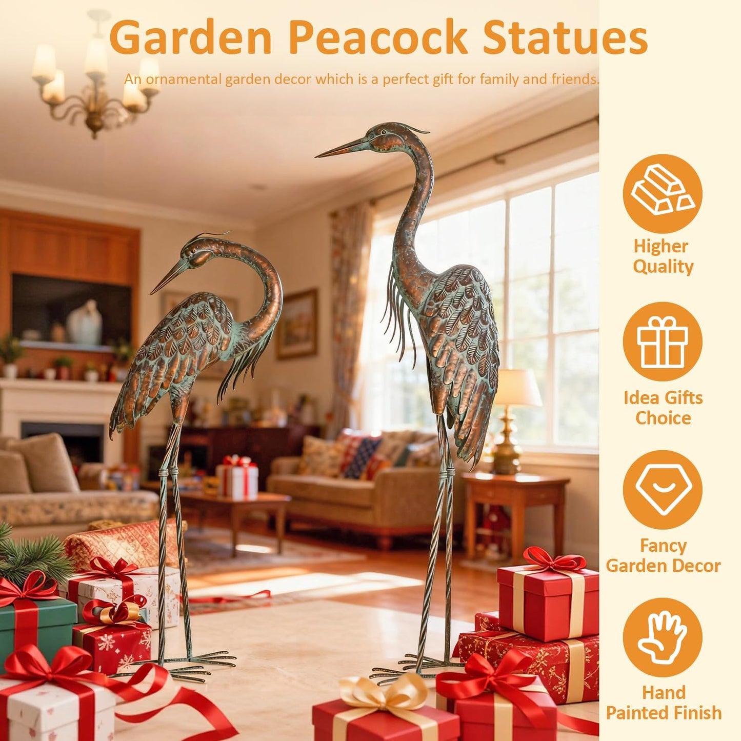 Kircust Garden Crane Statues, Standing Metal Patina Heron Decoy Outdoor Statue, 42-46 Inch Bird Yard Art for Patio Lawn Pond, Set of 2