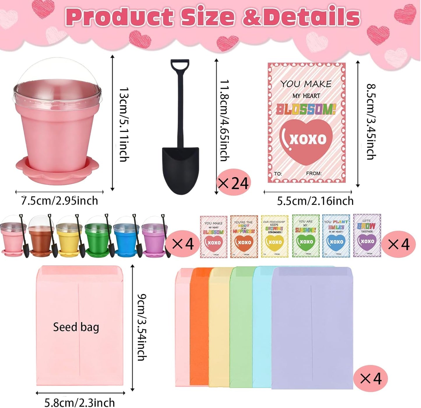 24 Set Valentines Day Cards for Kids Classroom,Nursery Pots with Humidity Dome Shovel and Seed Packet,Small Plastic Plant Pots Valentines Party Favors for Classroom Exchange (Not Included Seeds)