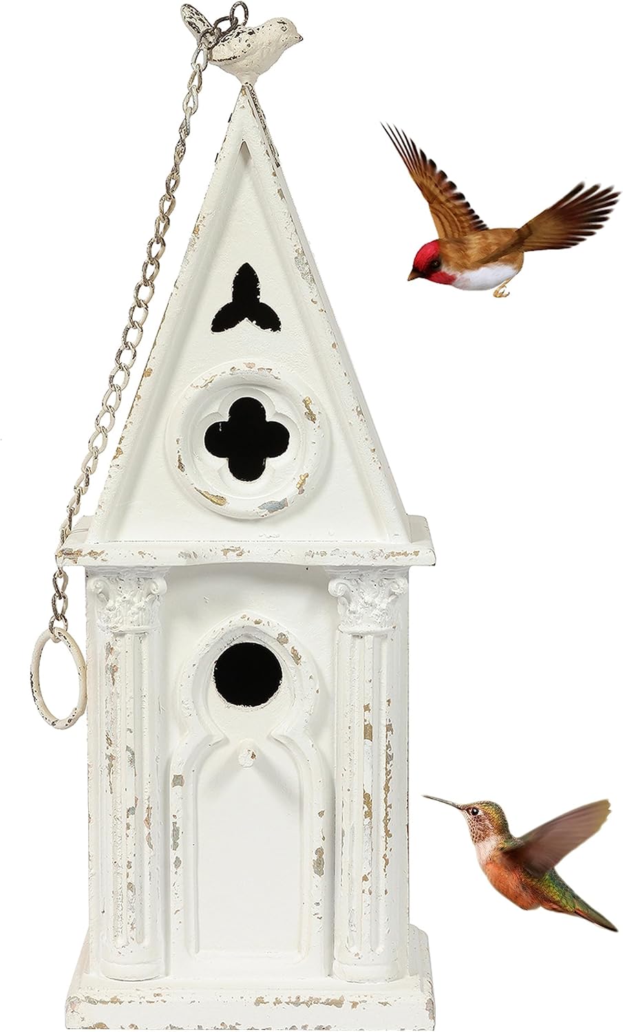22.4" H Wooden Birdhouse, Hanging Bird Houses for Outside with Pole for Finch, Bluebird, Cardinals, Vintage Church Bird House Garden Patio, Distressed Wood Birdhouse Country Cottages