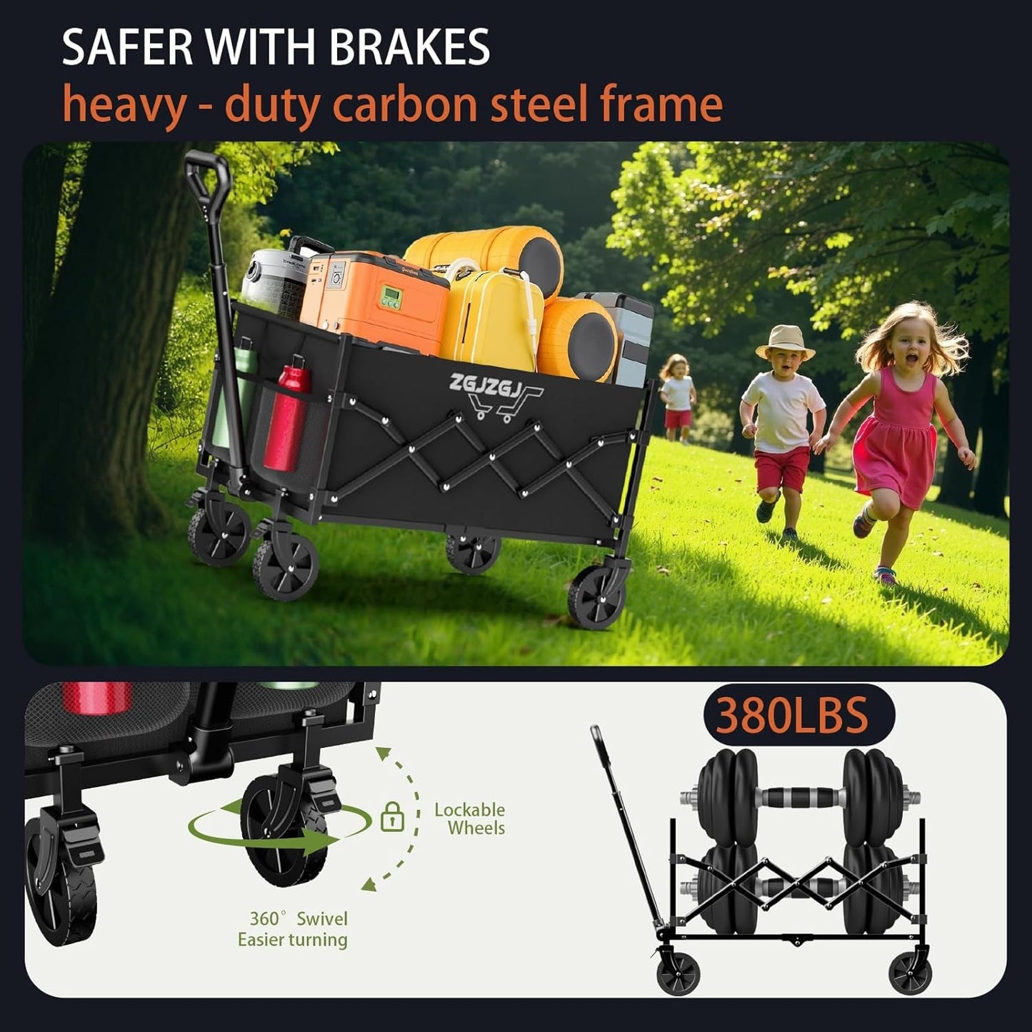 Collapsible Wagon with Wheels, Heavy Duty Folding Utility Cart with Wheels for Shopping, Garden Work, Cargo Transport, Easy Storage and Maneuver