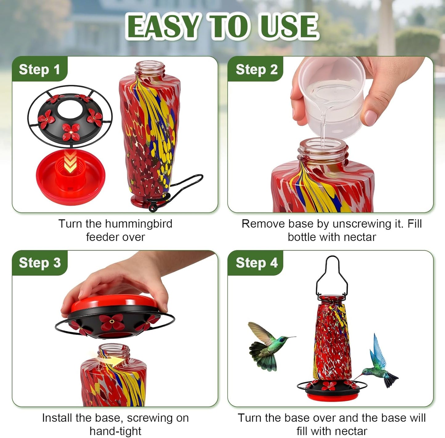 Hummingbird Feeders for Outdoors Hanging, 21 Ounces Glass Nectar Feeder with Ant Moat and 5 Bee Guard Feeding Ports, Leak Proof
