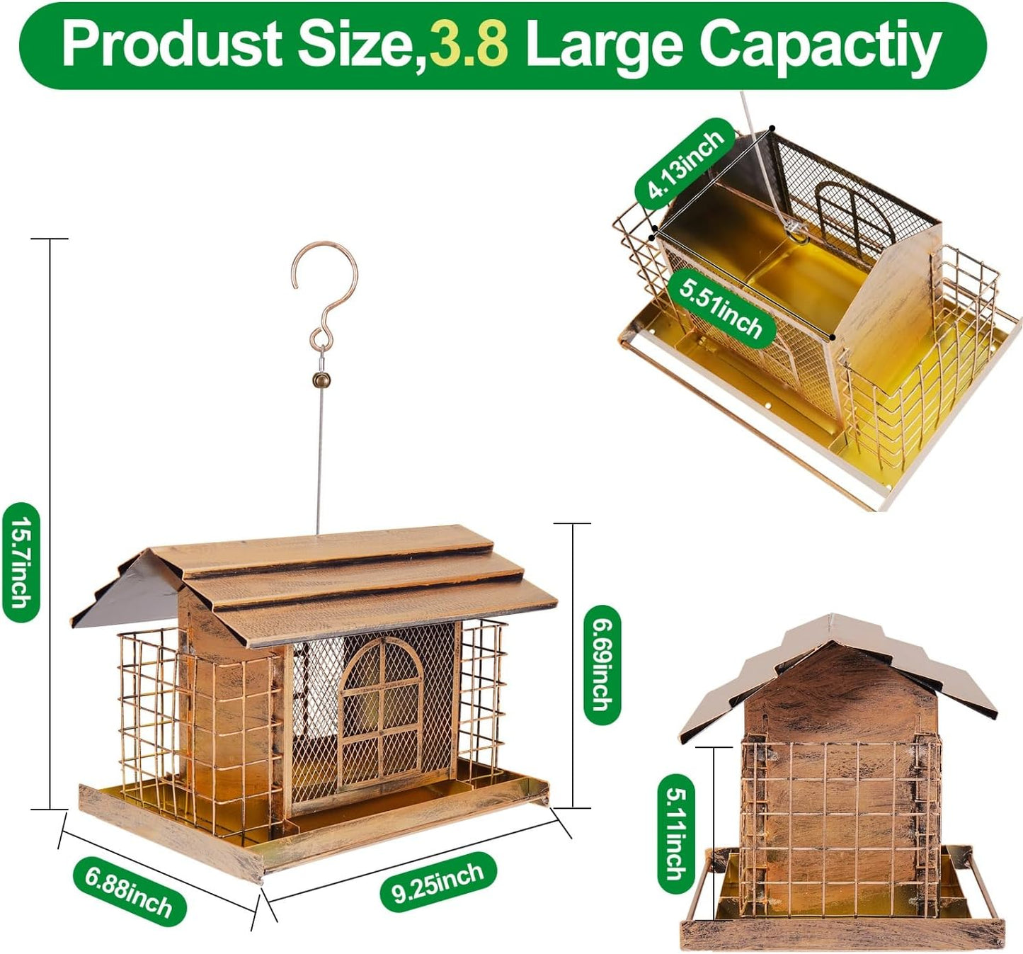 Bird Feeder for Outdoors, Metal Bird Feeder Hanging, 3.8LB Large Capacity with Double Suet Cages, Rainproof Roof, Attracts Cardinals, Finches, Blue Jays, for Backyard & Garden