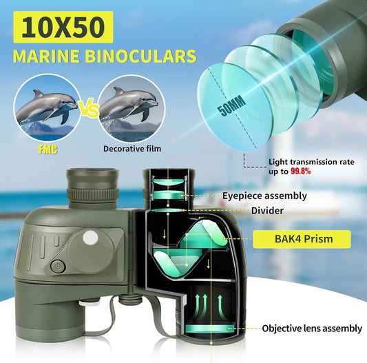 10X50 Waterproof Fogproof Military Marine Binoculars w/Internal Rangefinder & Compass, Marine Binoculars for Adults with BAK4 Prism FMC Lens for Navigation Bird Watching Hunting