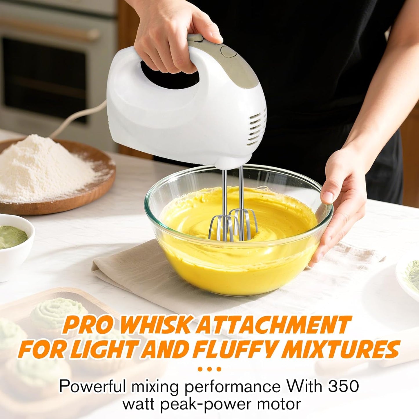 Hand Mixer - 5 Speed Portable Kitchen Mixer Electric Handheld with 5 Stainless Steel Accessories Whisk, Food Beater, ‌Ivory