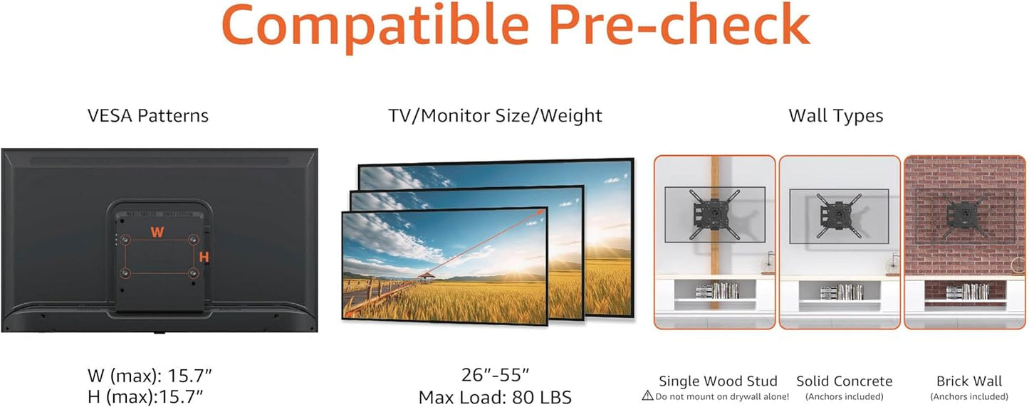 Amazon Basics Full Motion Articulating TV Wall Mount, with Swivel and Tilt, for 26" to 55" TVs and Flat Panels up to 80 Lbs, VESA Compatible, Black