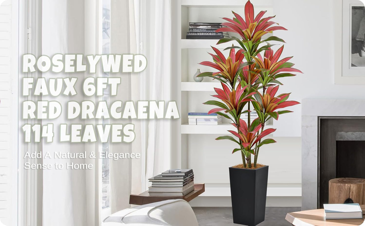 Artificial Red Dracaena Tree 6FT with 114 Leaves & 7 Heads & Black Tall Planter Cover with Coconut Fiber Tall Faux Tropical Silk Bicolor Plant 72 Inch for Indoor Home Office Porch Mall Decor