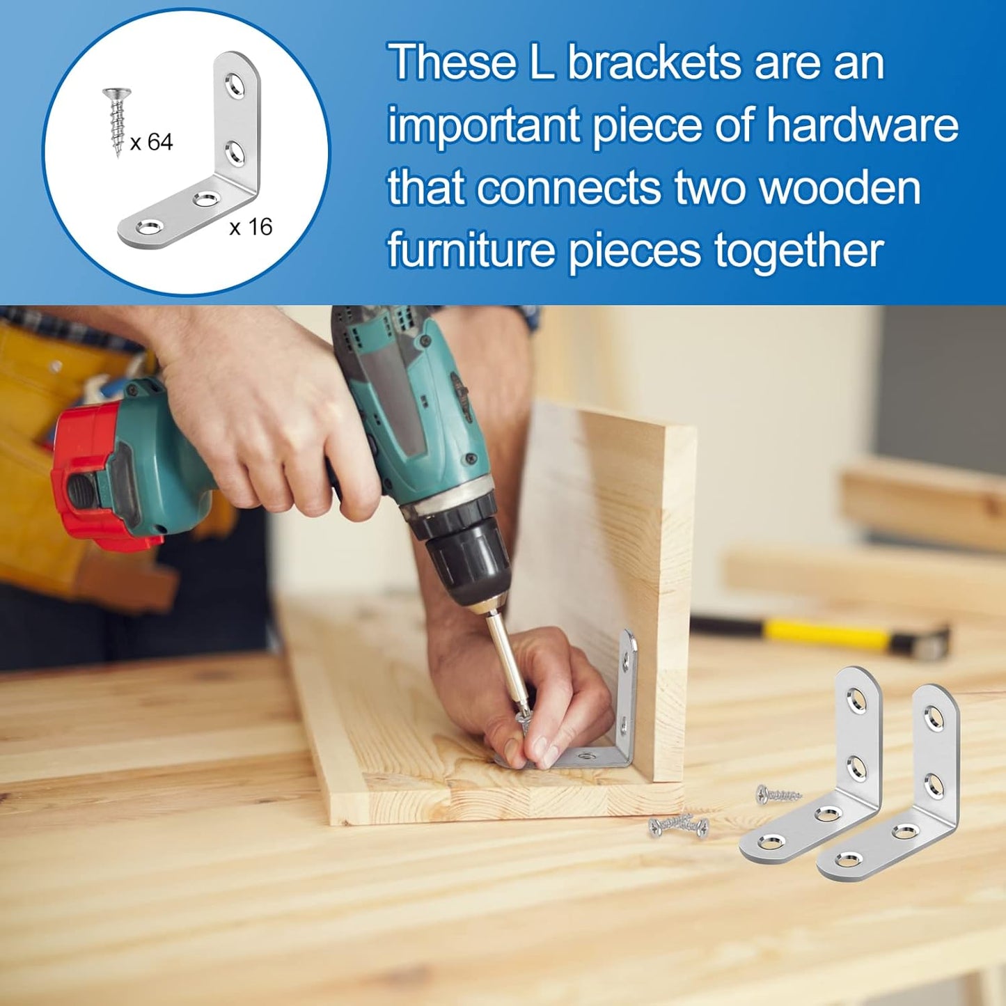 16 Pcs L Bracket Stainless Steel Corner Brace Sets, 90 Degree Right Angle Brackets with 64 Pcs Screws, L Bracket Firmware for Wooden Shelves, Chairs, Tables, Dressers, Furniture (Silver)