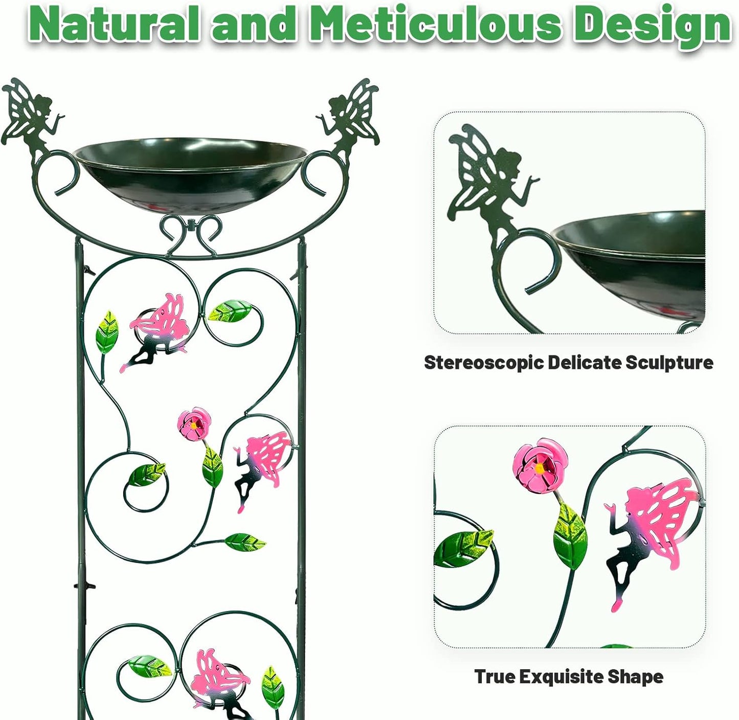 HONGLAND 36.5" Metal Bird Bath with Trellis, Outdoor Garden Birdbath with Detachable Bowl & Climbing Plant Support, Decorative Bird Feeder Station with Fairy for Yard, Patio, Fence