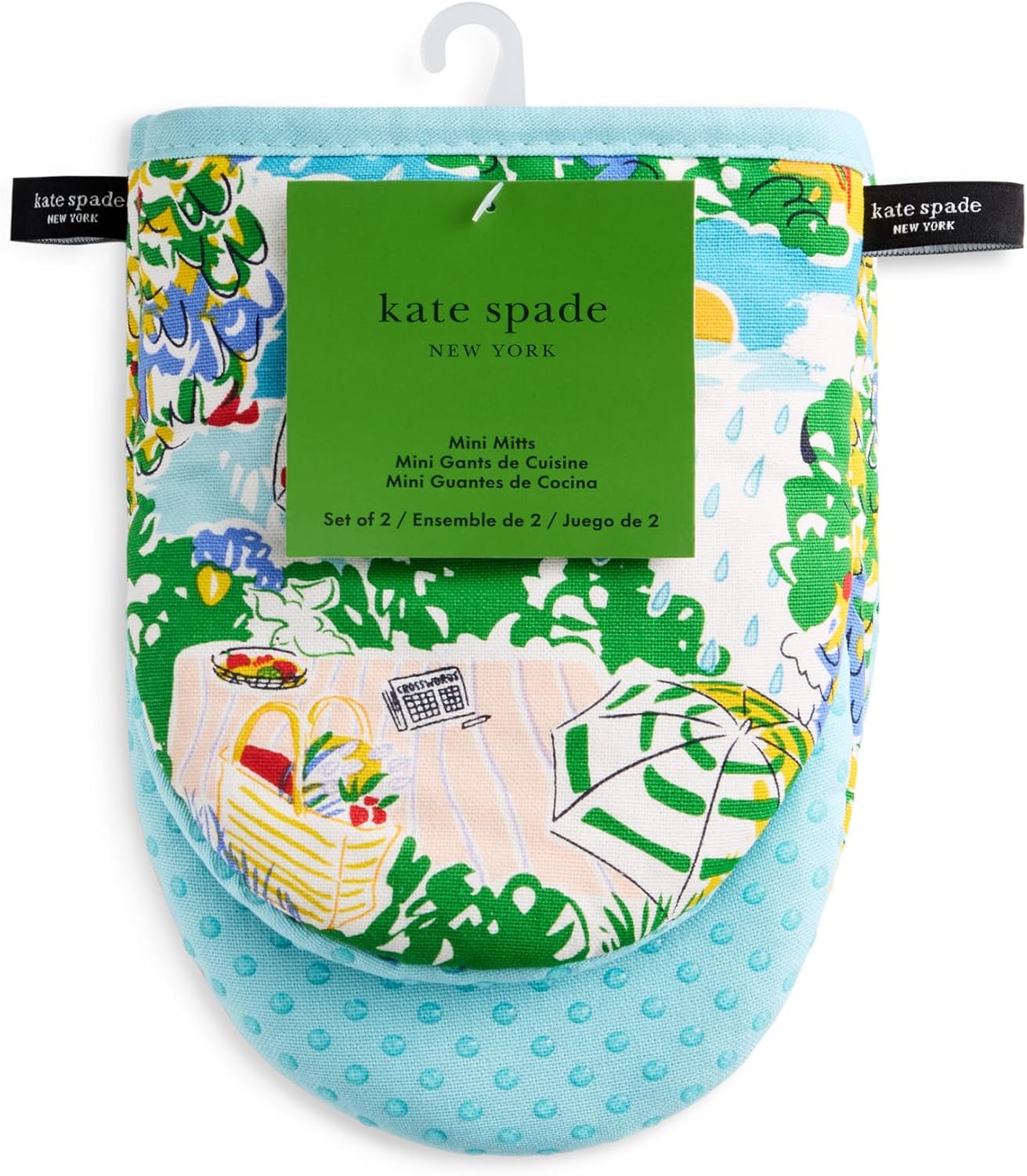 Kate Spade New York Spring Garden Mini Oven Mitt 2-Pack Set, Heat Resistant, 100% Cotton with Printed Non-Slip Silicone Grip, Blue/Green/Beige, 5.5"X8"