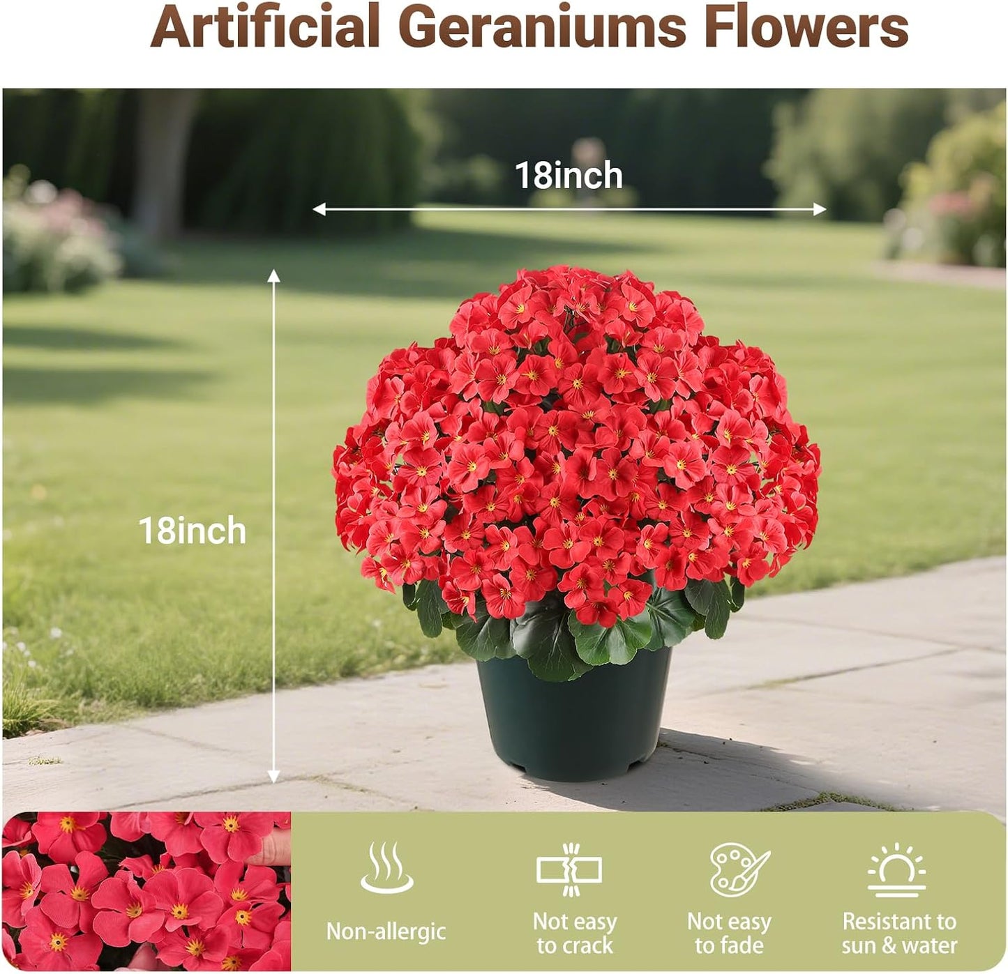 Romantic season 20" Artificial Geraniums Bush in Pot, Outdoor Fake Potted Plant with UV Resistant Red Flowers for Patio, Front Porch, Garden, Balcony & Home Decor