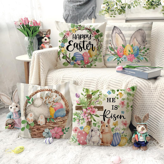 4TH Emotion Gray Easter Pillow Covers 18x18 Set of 4, He is Risen Bunny Floral Eggs Farmhouse Decorations Spring Holiday Decor Throw Cushion Case for Home Couch TH211
