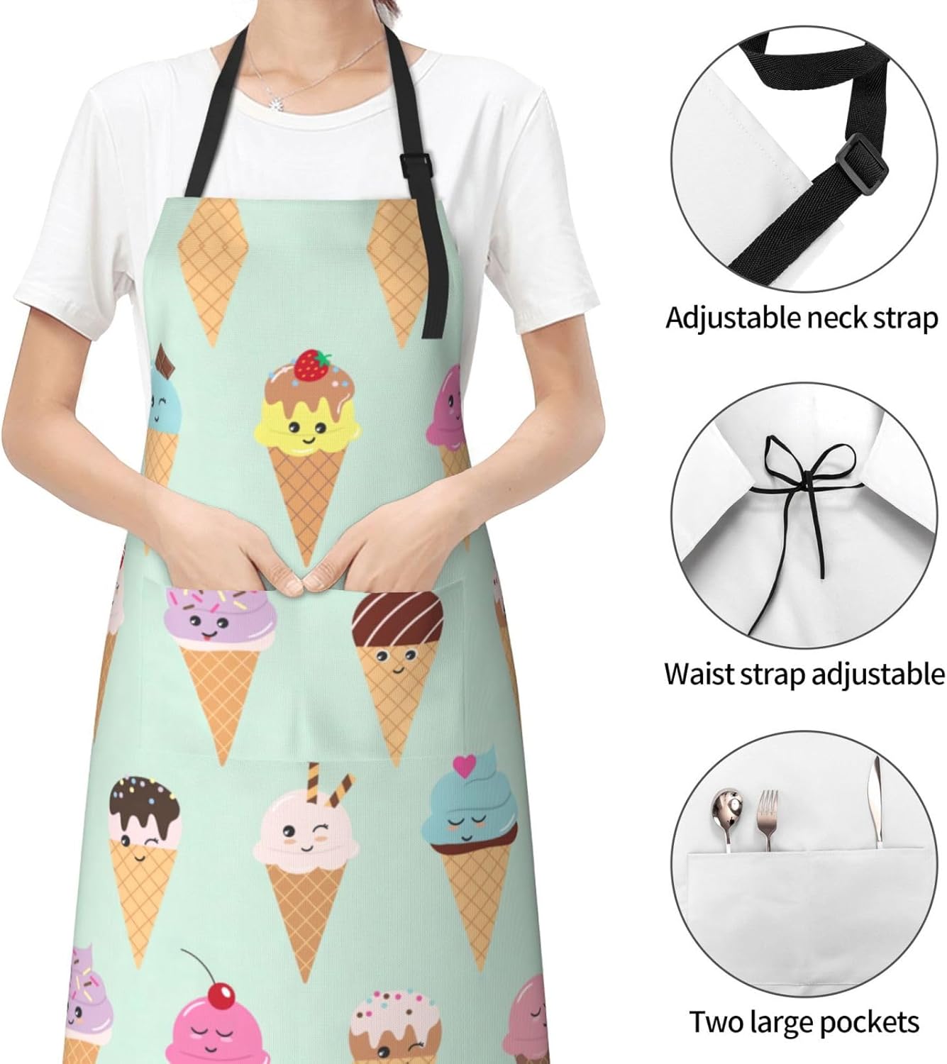Ice Cream Cones Print 28x33 In Adult Kitchen Apron with Pockets Versatile Chef Smock for Cooking Baking