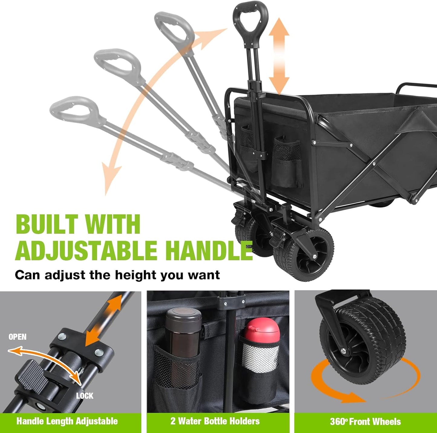 Folding Wagon Carts With Adjustable Handle/collapsible Beach Wagon with Big Wheels for Sand, 220lbs Capacity, Black,TRP1008
