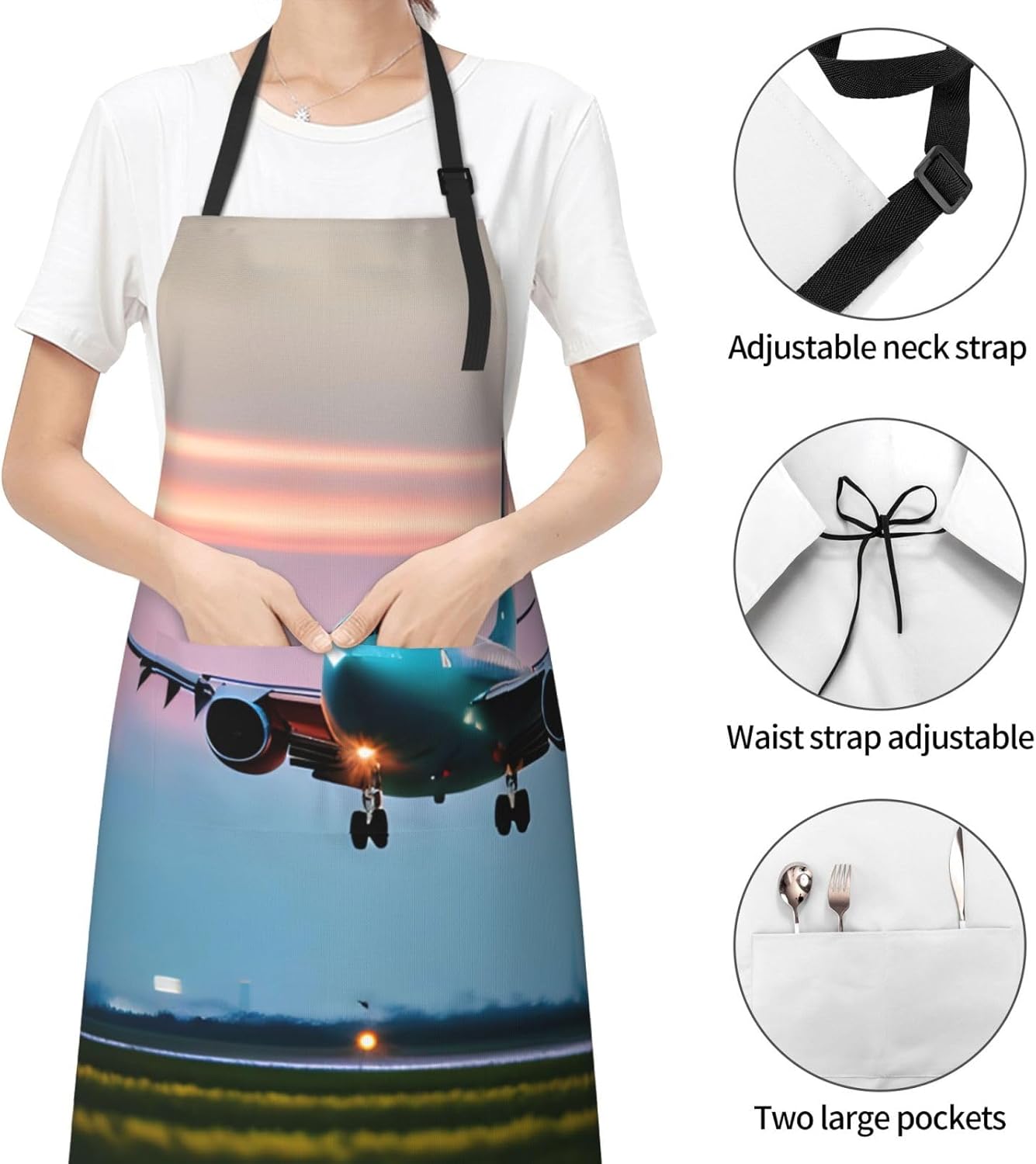 Airplane in The Evening Lights Print 28x33 In Adult Kitchen Apron with Pockets Versatile Chef Smock for Cooking Baking