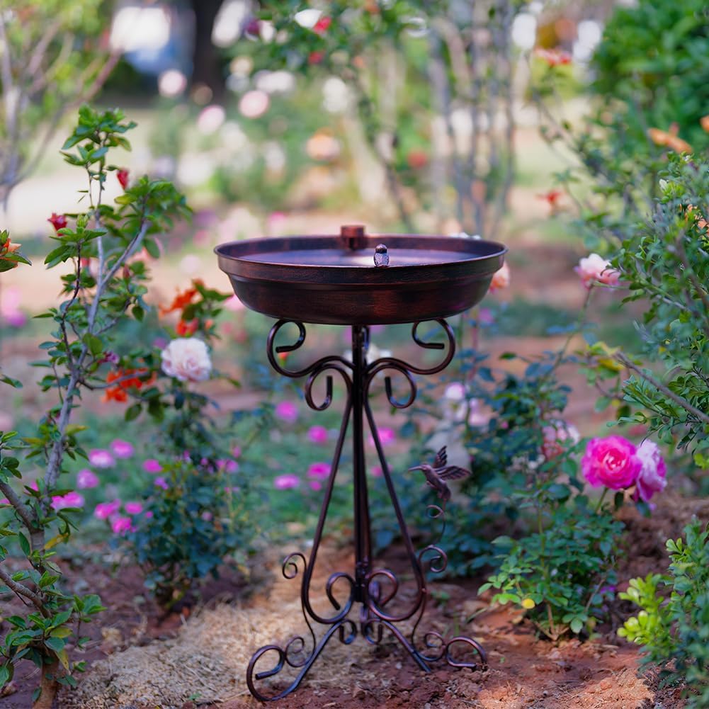 dreamysoul Large Bird Bath with Metal Pedestal, 18" Dia Antique Copper Outdoor Birdbath with Bird Feeder for Garden Outside Patio Yard Decor