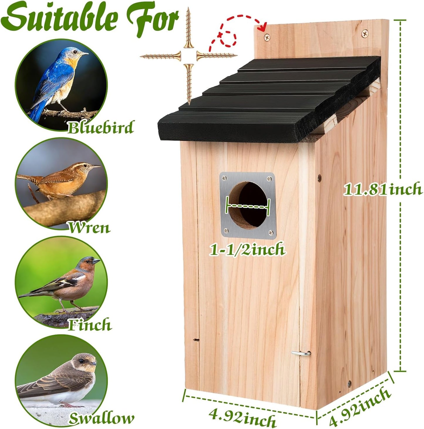 Dreyoo Cedar Bluebird Box Houses for Outside, 1-1/2'' Entrance Hole Wooden Bird Houses with Metal Guard, Secure Latch, Fledgling Grooves, Air Vents for Bluebird Wren Swallow(3 Pack)