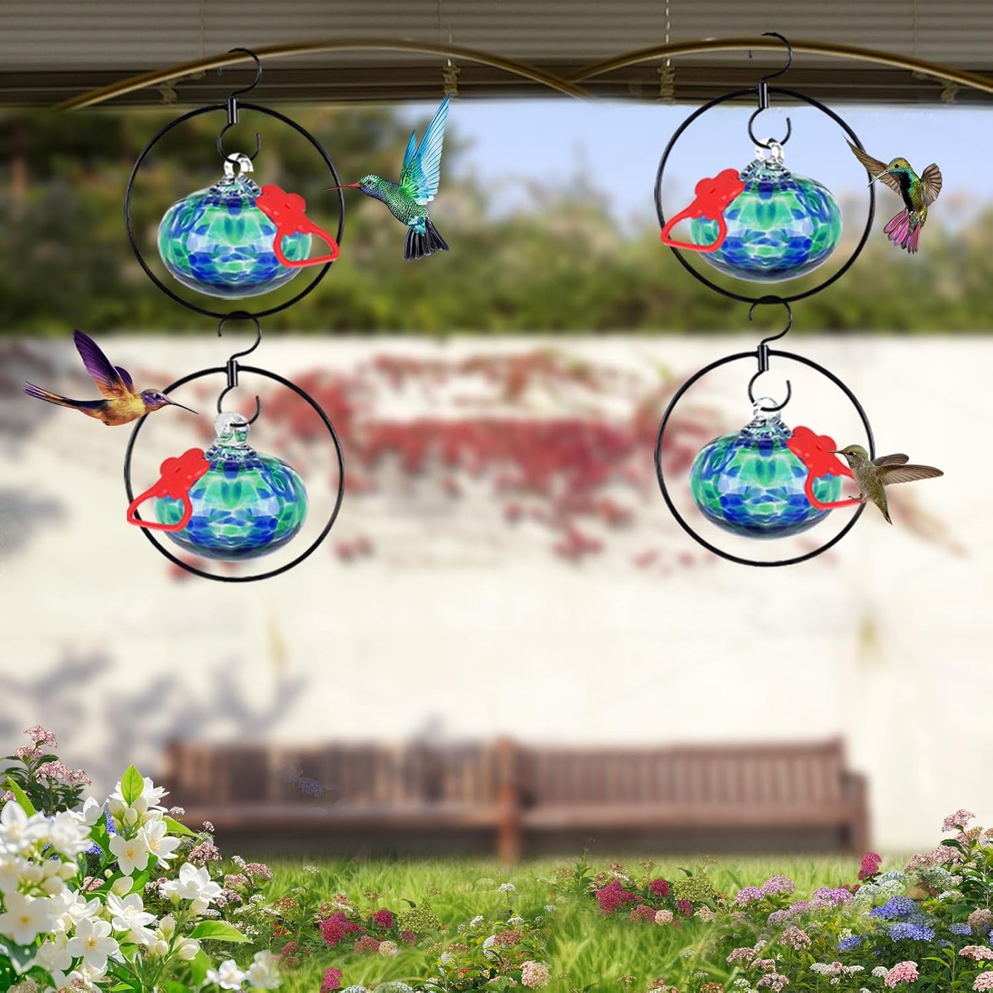 2 Pack Hummingbird feeders for Outdoors Hanging with Iron Hook,Hand Bl