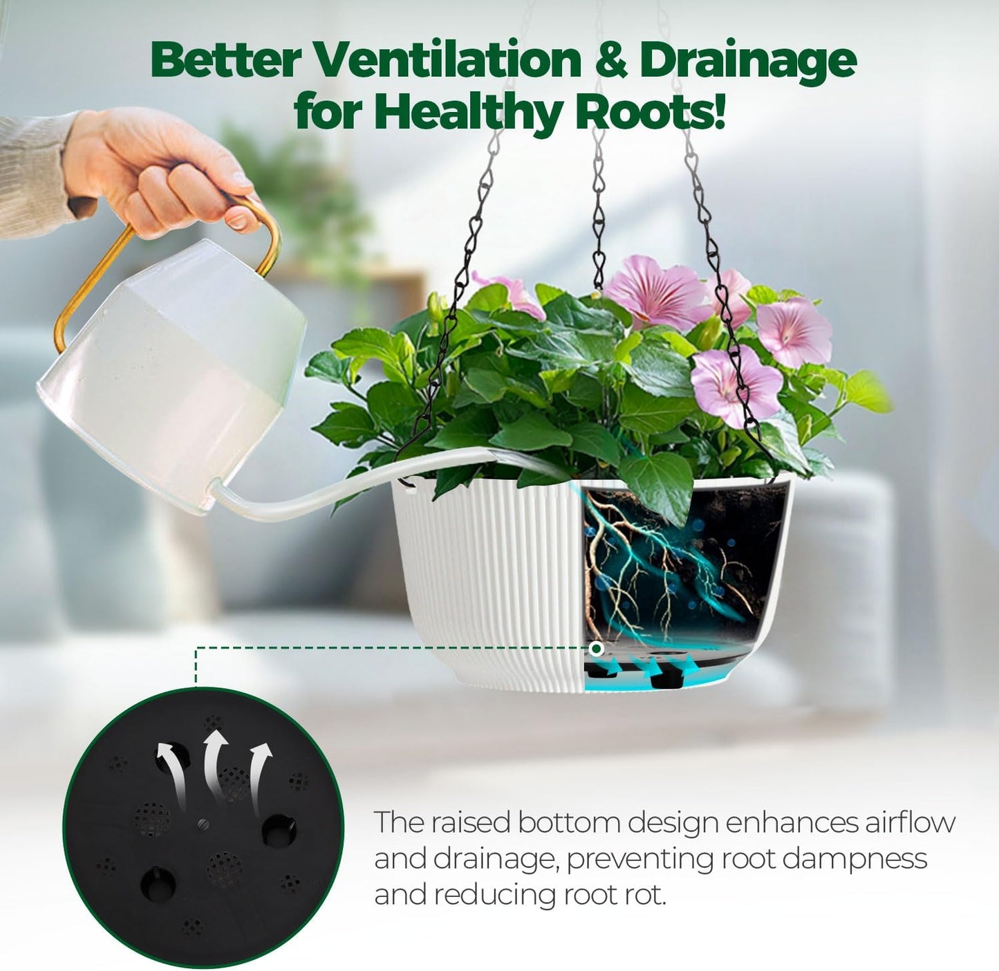 T4U 10 Inch Hanging Planters for Indoor Plants, 2 Pack White Self Wate