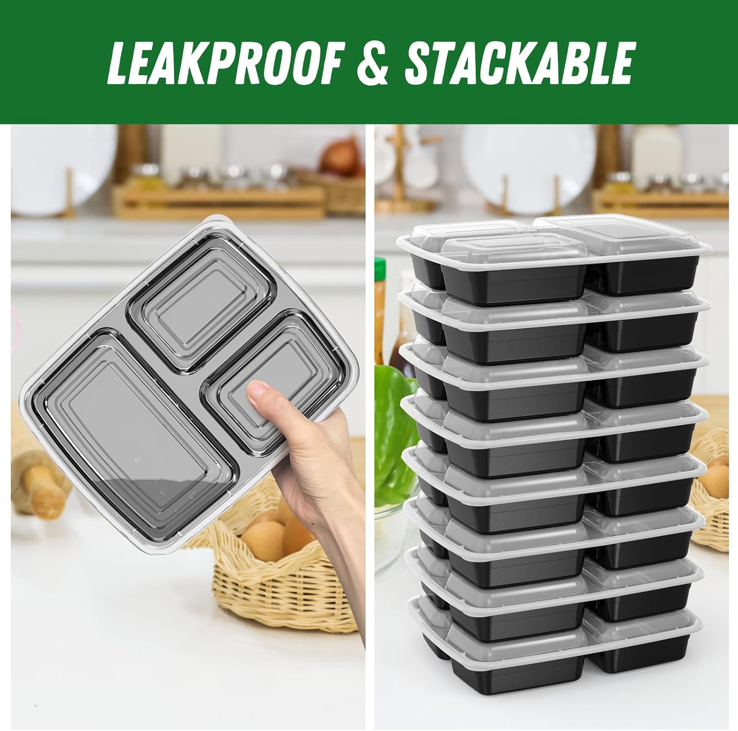 50 Pack (100-Piece) 32 oz Meal Prep Containers Reusable with Lids 3-Co
