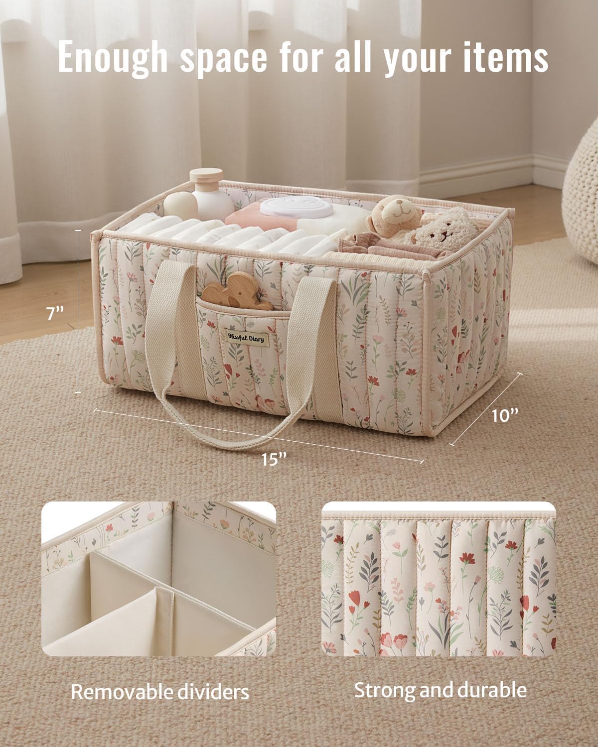 Blissful Diary Floral Diaper Caddy Organizer, Stylish Nursery Storage 