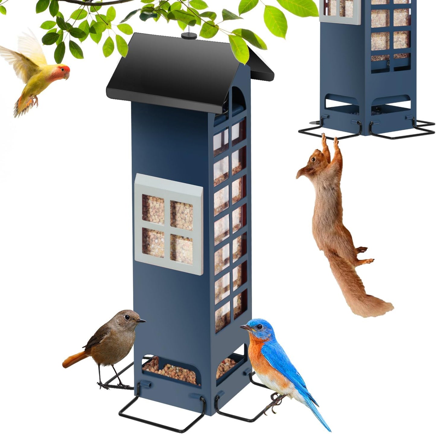Squirrel Proof Bird Feeders, Weight Activated Metal Mesh Bird Feeder for Outdoor Hanging, 2LB Large Capacity Birdfeeders for Finch, Cardinal, Chickadee and Blue Jay for Birds Lovers-Blue