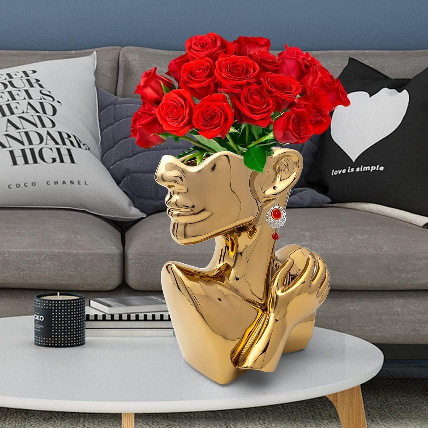 GDYOOSHOW Face Vases for Flowers Bust Planter Ceramic Head Vase Display Jewelry Rack Golden 9.84 Inches High Suitable for Placing on The Table or Shelf(Golden)
