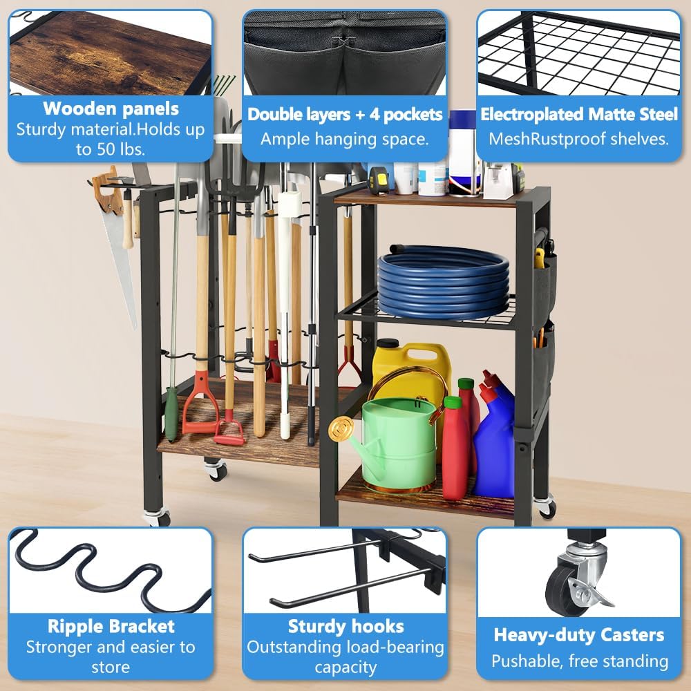 Garden Tool Organizer with Lockable Wheels, Heavy Duty Yard Tool Storage Rack for Shovels and Rakes, 3 Tier Lawn Care Utility Holder with hooks for Garage, Shed, Yard and Laundry Room