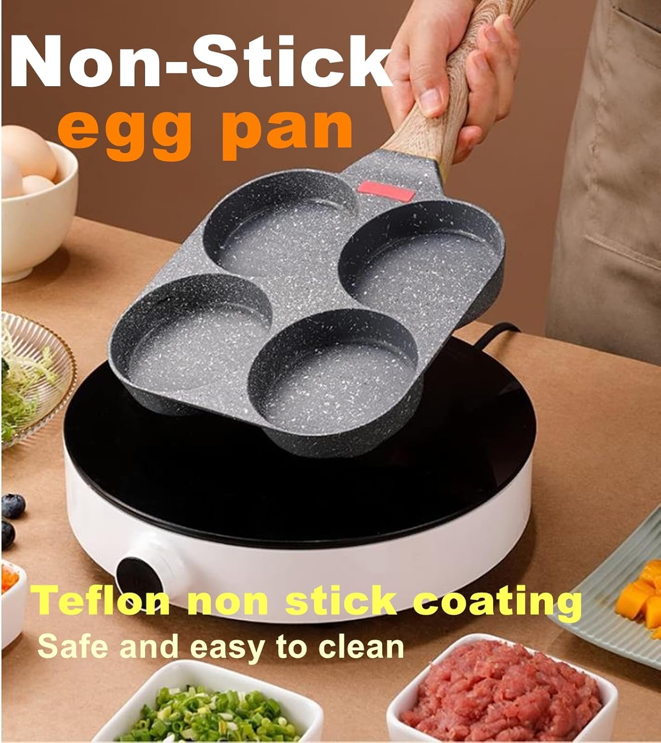 4-Cup Egg Pan Nonstick, and Granite Egg Frying Pan, Versatile Breakfast Skillet for Eggs, Pancakes, Plett, Crepes, Compatible with Gas Stove and Induction Cooktop