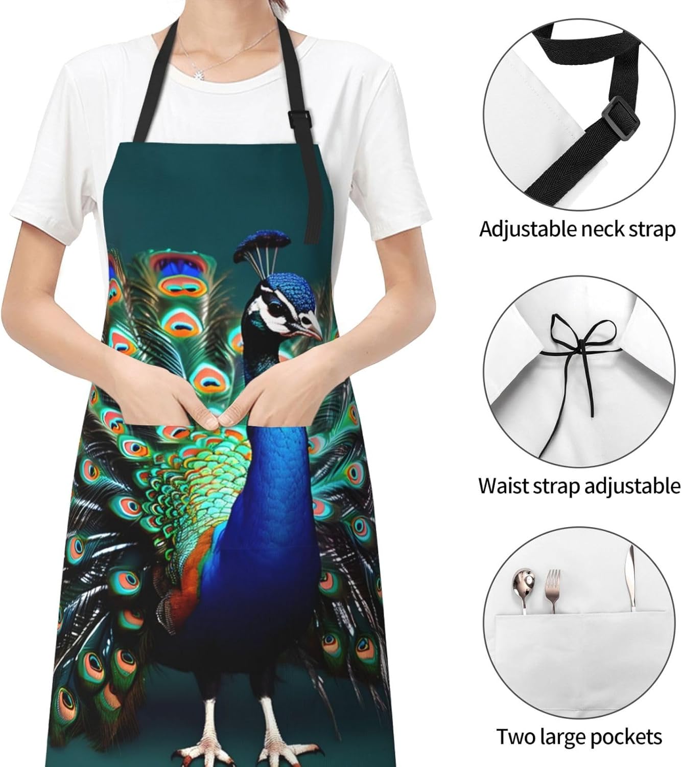 Beautiful peacock print Waterproof apron with pocket adjustable cooking apron for adult kitchen bibs to bake
