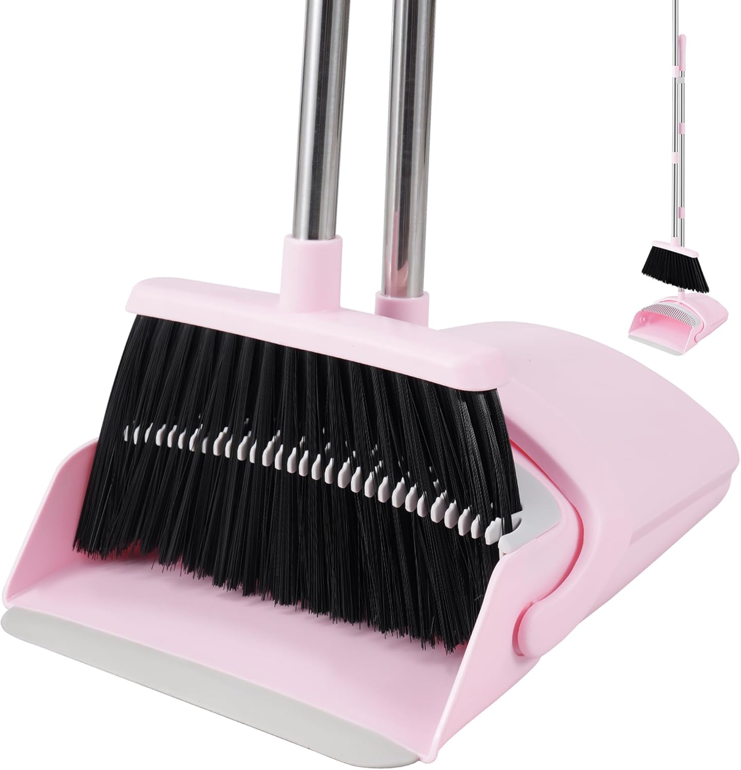 Pink Broom and Dustpan Set, 52” Long Adjustable Handle Broom with Dust