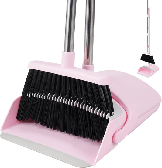 Pink Broom and Dustpan Set, 52” Long Adjustable Handle Broom with Dust