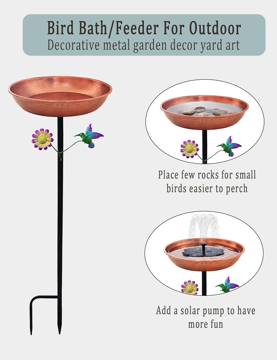Freestanding Outdoor Bird Bath | Antique Copper 11” Metal Birdbath Bowl & Feeder with Stake for Garden Decor Yard Art (0.5 Gallon)