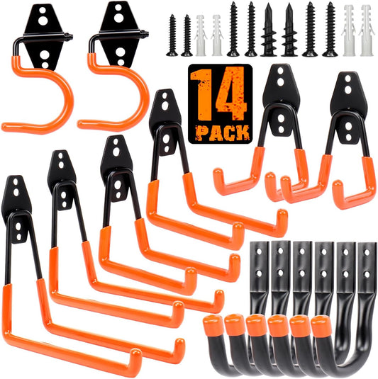 TocTen Garage Hooks, 14 Pack Garage Storage Hook Heavy Duty Solid Steel Wall Hooks, Wall Mount Storage Hook Kit with Anti-Slip Coating Ladder Hooks for Hanging Garden Tools Chair Hose Ropes (Orange)