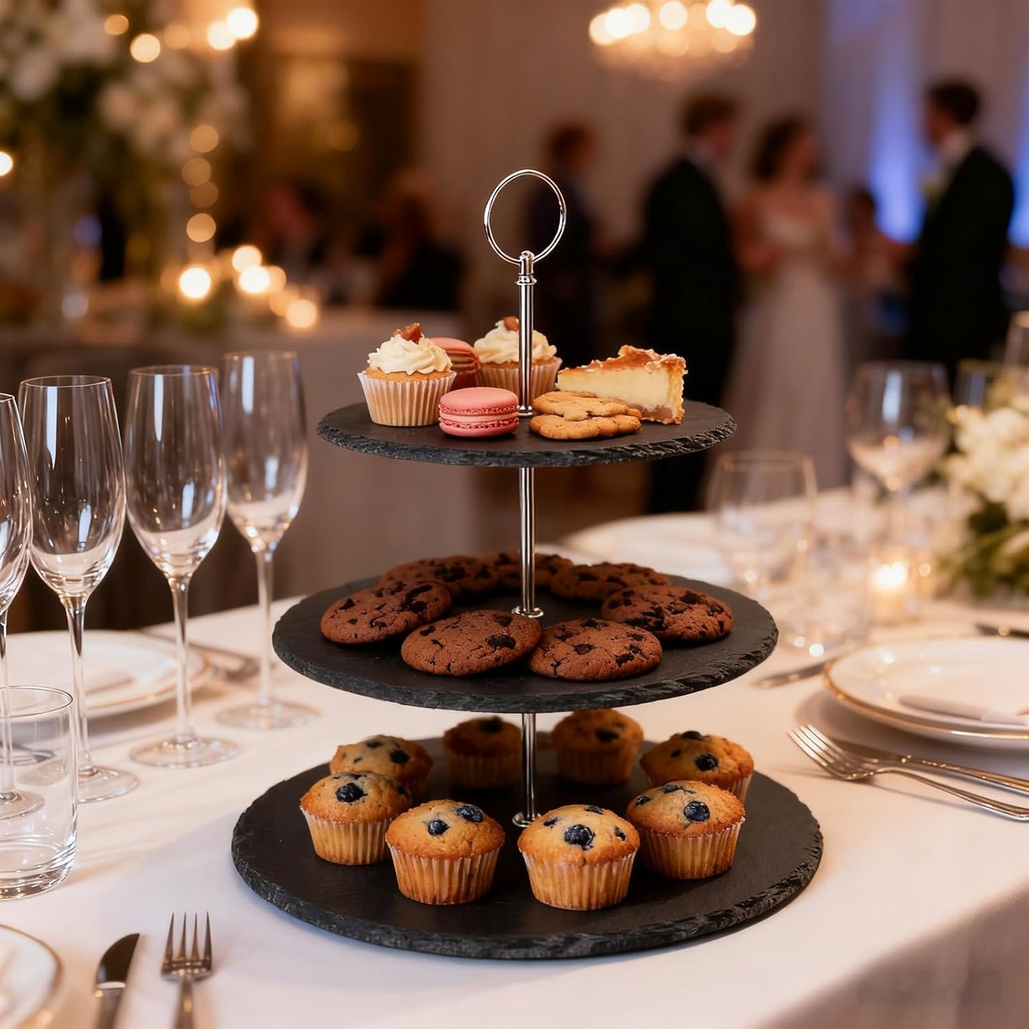 Cupcake Stand Set,3 Tier Dessert Table Display Set with Metal Rod & Slate Coasters Set of 4 for Theme Party, Wedding, Tea Party, Birthday, Black
