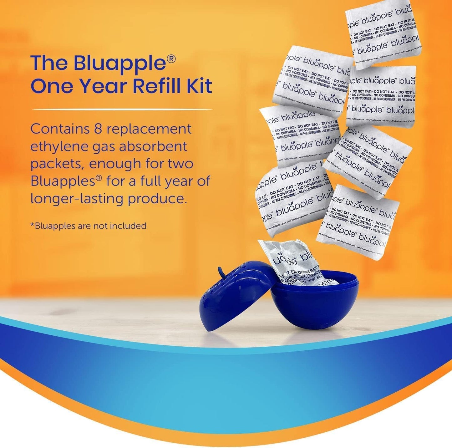 Bluapple Produce Saver Ethylene Gas Absorber - Fresh Fruit & Vegetable Storage, Food Savers for Refrigerator, 8 Packets (9g each), Each Packet Lasts 3 Months, Kitchen Must Haves, USA Made - Refill Kit