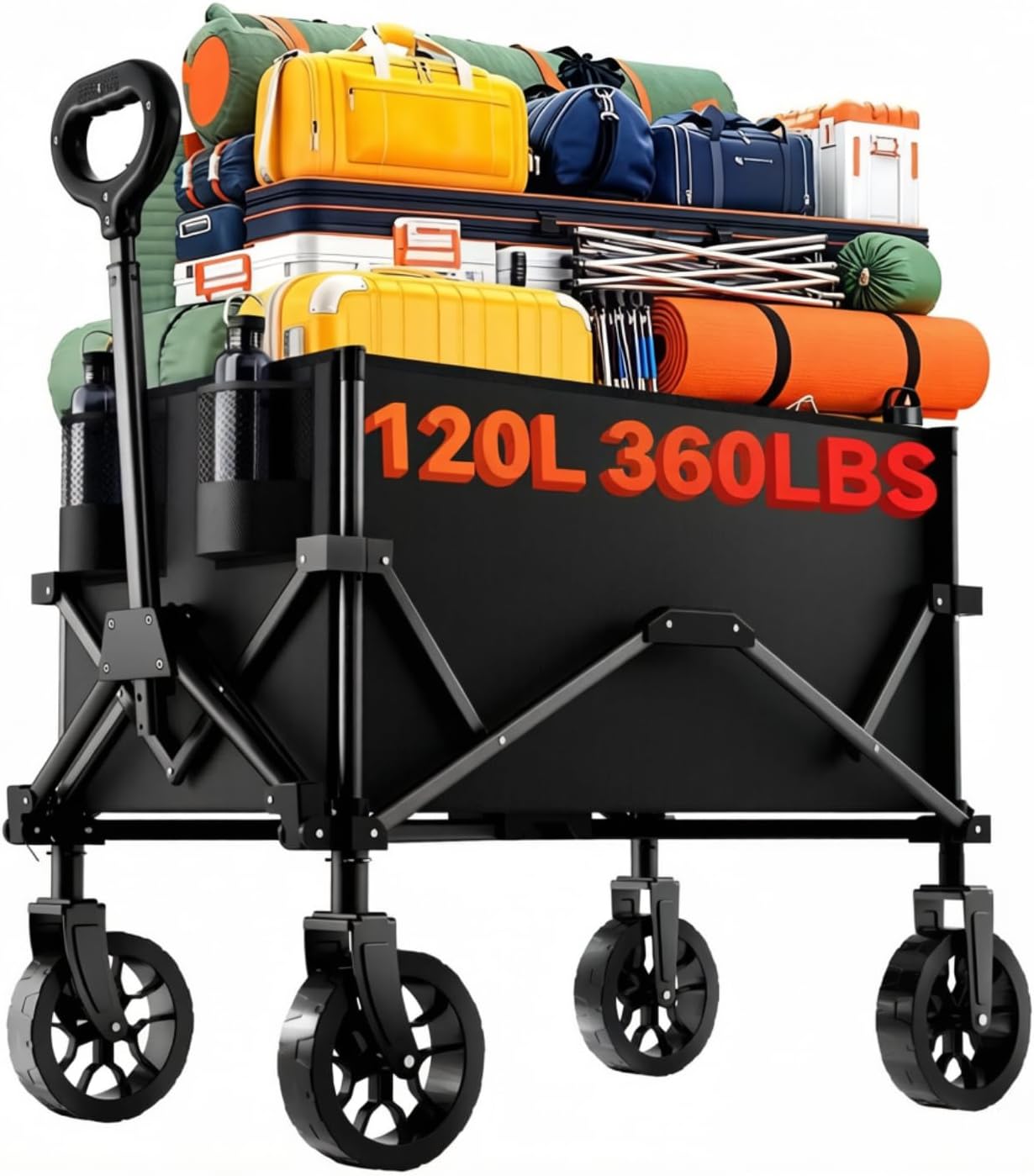 Collapsible Folding Wagon, Wagon Cart Heavy Duty Foldable with Two Drink Holders, Utility Grocery Wagon for Camping Shopping Sports