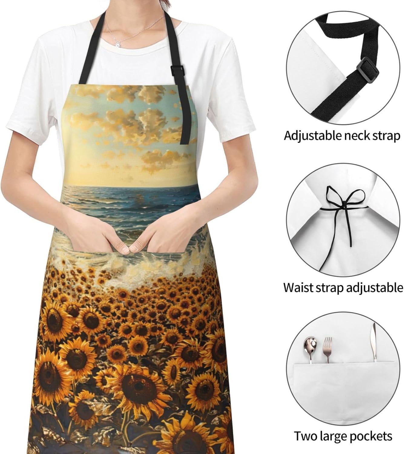 sunflowers sea print Waterproof chef's apron with pocket apron for kitchen cooking baking barbecue and gardening