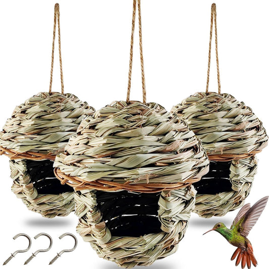 TIHOOD 3PCS Hummingbird House, Hand Woven Bird Nest for Outdoors Hanging, Small Grass Bird Houses for Outside, Natural Fiber Bird Hut Roosting Pocket for Finch Canary Chickadee