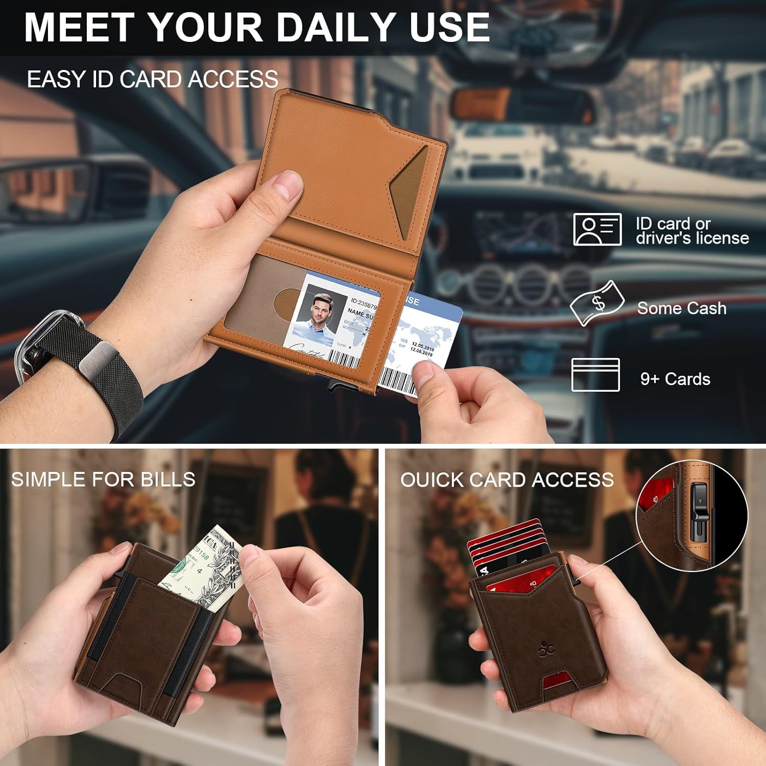 Wallet for Men Wallet with Slim Pop Up Card Holder 9-13 Cards, Bifold 