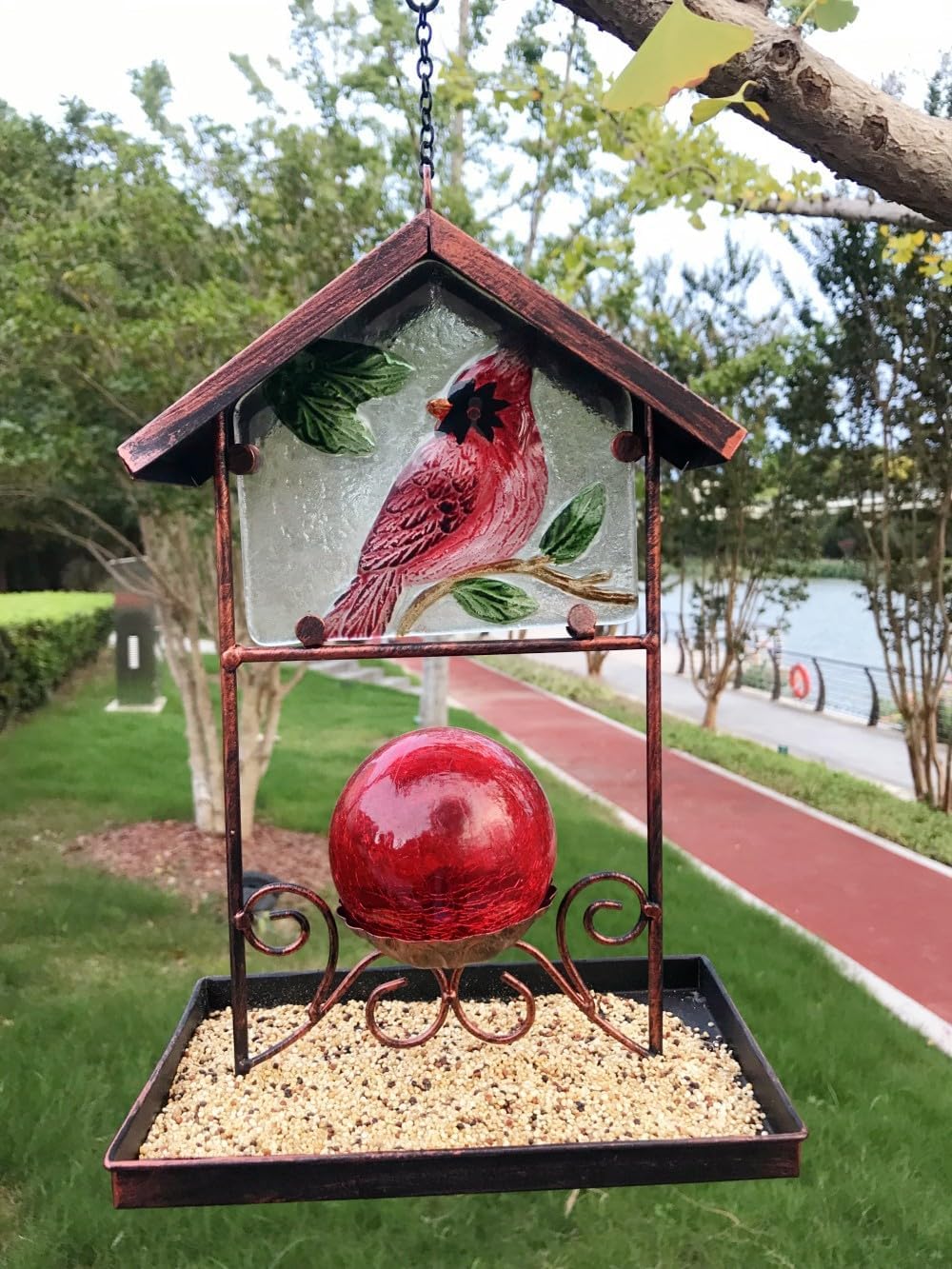 Bird Feeder for Outside Hanging,Outside Metal Wild Bird Feeders with Stained Glass for Garden Yard Outdoor Decoration,Gift Ideas for Bird Lovers (Red Cardinal)