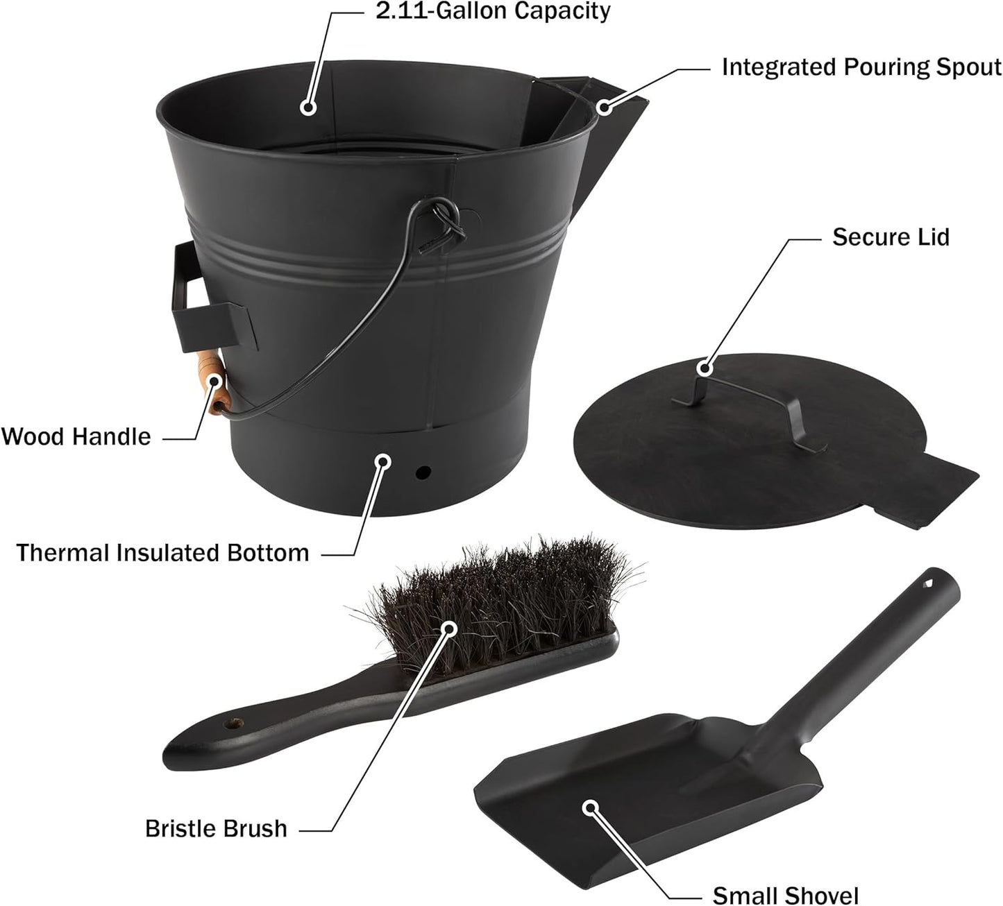 Pure Garden Ash Bucket - Metal Bucket with Lid (2.11-Gallon), Broom, and Shovel for Fireplace or Firepit Ashes - Fireplace Tools (Black) - 1 Count