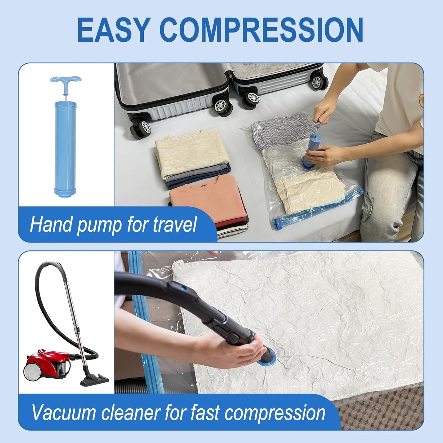 Vacuum Storage Bags with Hand Pump, Plastic Packaging Bags, 80% Space Saver Vacuum Seal Bags for Clothing, Travel Lugggage, Blankets, Comforters, 20 Combo