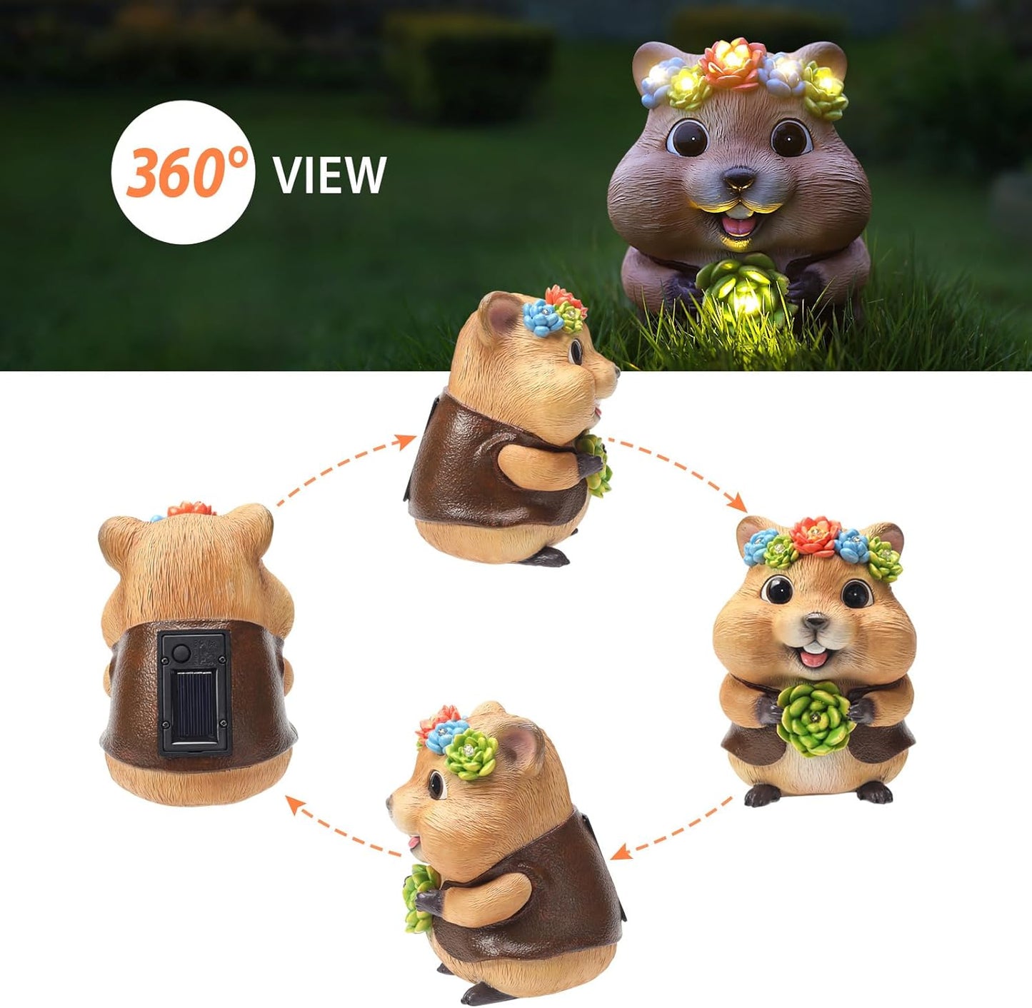 Solar Garden Decor Outdoor Statues Hamster with Succulent and LED Lights Birthday Gifts for Women Mom Grandma Outside Decorations for Lawn, Porch, Yard, Patio, Balcony