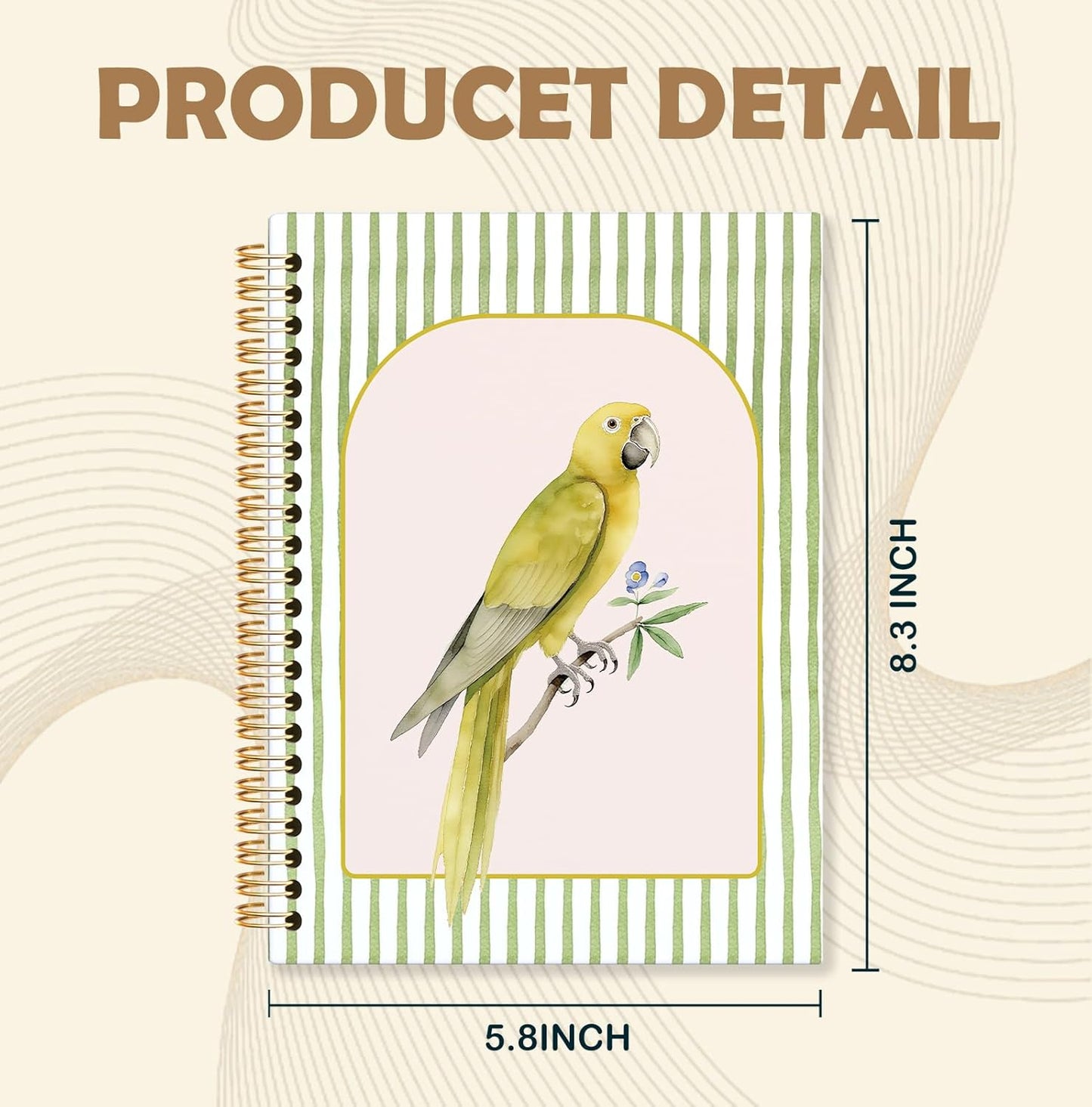 KRHFG Parrot Bird Spiral Notebook, Golden Conure Bird Watching Journal for Writing, Gifts for Bird Lovers, Striped Aesthetic Birding Notebooks for Note Taking, 5.5x8.3 Inch